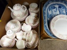 Staffordshire pink and floral decorated part dinner and tea service with a large Willow pattern meat