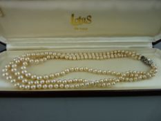 Cased three strand Lotus pearl necklace of graduated beads with silver clasp