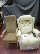 Modern upholstered 'Cosi' chair and a lift and recline electric 'Cosi' armchair E/T
