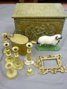 Repousse brass log box, further vintage brassware and a cast iron sheep doorstop