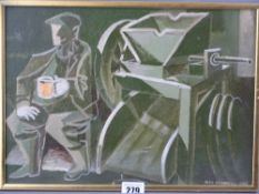 ALEX CAMPBELL acrylic on canvas - titled 'Cider Maker', signed and dated 1986, 25 x 35 cms