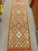Vegetable dye wool Chobi Kelim carpet runner, multi-coloured with zig zag edge and repeating diamond