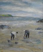 PETER JOHN JONES acrylic on canvas - two figures on a beach, entitled verso 'Cockle Pickers', signed