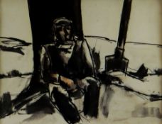 JOSEF HERMAN mixed media - seated worker smoking beside a tree, 17.5 x 22cms