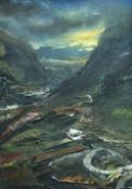 IWAN GWYN PARRY oil on canvas - entitled verso 'Stormy Sunset Over the Nant Ffrancon Valley' on