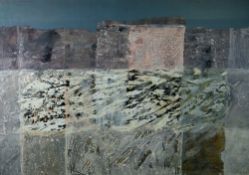 GERARD HASTINGS mixed media - the seawall in Borth, West Wales, signed and dated 1985, 56 x 81cms