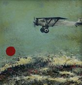 PAUL PETER PIECH rare acrylic and collage on pottery panel - vintage airplane in flight, entitled