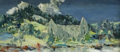 CHARLES WYATT WARREN oil on board - winter landscape with ruins, entitled verso 'Glyngroes Priory,