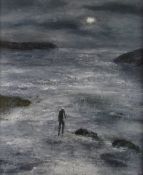 PETER JOHN JONES acrylic on canvas - entitled 'Night Fisherman', signed with initials, 57 x 47cms