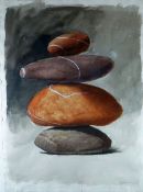 HARRY HOLLAND gouache on paper - still life of balancing stones, entitled verso 'Quadrolith