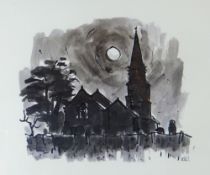 SIR KYFFIN WILLIAMS RA coloured print - moonlit Anglesey church, signed with initials, 27 x 37cms