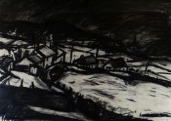 PETER PRENDERGAST charcoal on paper - Snowdonia landscape with dwellings, entitled verso 'View of