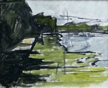 JOHN GODDARD gouache on board - impressionistic view of Roath Park lake, entitled verso 'Algae on