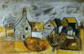 GWILYM PRICHARD oil on paper laid to board - farm buildings and trees,