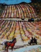 CHARLES WHITE watercolour - landscape with workers and horse, entitled verso 'Springtime in the