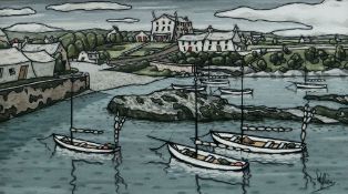 ALAN WILLIAMS acrylic on panel - Anglesey harbour and boats, entitled 'Bull Bay, Amlwch', signed, 38