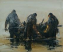 WILLIAM SELWYN oil on canvas - three fishermen working in the shallow waters, entitled verso on