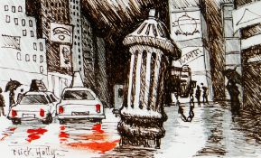 NICK HOLLY black ink sketch - New York city street scene with fire hydrant, entitled verso 'Fire