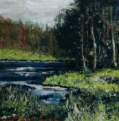 JOHN ROOSE EVANS mixed media on canvas - entitled verso 'River Usk, Swollen After Storm', signed