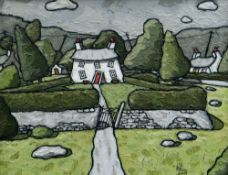 ALAN WILLIAMS acryilc on panel - whitewashed cottage amongst trees, entitled 'Llangoes Cottages',