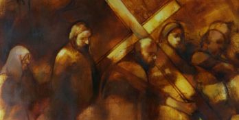 MARY GRIFFITHS oil on paper - religious procession, entitled on Chappel Galleries label verso '