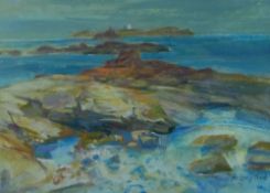 AUDREY HIND oil on board - Anglesey coastal scene, entitled verso 'Skerries', signed, 20 x 25cms