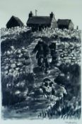 SIR KYFFIN WILLIAMS RA colourwash print - Caernarfonshire cottage with farmer and his dog descending
