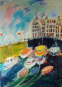 ANNA PRITCHARD watercolour - harbour scene with numerous boats and row of houses in the