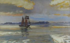 MOSS WILLIAMS watercolour - twin masted sailing ship on a serene Menai Straits, signed and dated