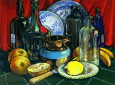 MOSS WILLIAMS watercolour - richly coloured still life study of bottles, two plates, a jug and fruit