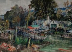 MOSS WILLIAMS watercolour - old harbour buildings and inlet, opposite the castle at Caernarfon and