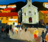 DONALD McINTYRE acrylic - Mediterranean town near Perpignan, entitled verso 'Church Porte Vendre I',