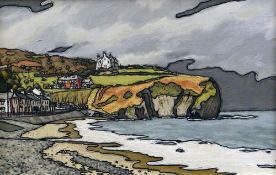 ALAN WILLIAMS acrylic on board - shoreline with cottages, entitled 'Llangrannog beach', signed, 39.5