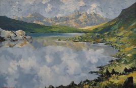 CHARLES WYATT WARREN oil on board - Snowdonia lake scene, entitled 'Snowdon from Llyn Mymbyr', 89