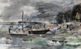 JOHN KNAPP-FISHER early watercolour - boats in a harbour, signed and dated 1962, 18 x 29cms