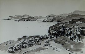 SIR KYFFIN WILLIAMS RA inkwash - Anglesey coastal scene with lane and Puffin Island, signed with
