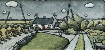 ALAN WILLIAMS acrylic on panel - whitewashed cottage in landscape, entitled 'Cottage, Pembroke',