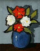 DAVID BARNES oil on board - still-life of red and white flowers in a vase, signed verso, 25 x 18cms