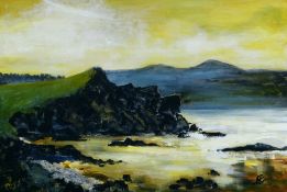 JOHN ROOSE EVANS mixed media on canvas - North Wales estuary scene with rocky outcrop and shoreline,