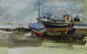 JANE CORSELLIS watercolour - boats, entitled 'Goodwick', entitled verso on label 'Winter Boats,