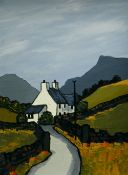 DAVID BARNES oil on board - white washed Snowdonia cottage by a lane, signed verso in full, entitled