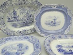 FOUR SOUTH WALES BLUE & WHITE TRANSFER POTTERY PLATTERS including 'Milan', 'Damask Border' and '