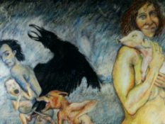 MICHAEL FLYNN (sculptor) mixed media - surreal group of figures with piglet and crow, signed, 57 x