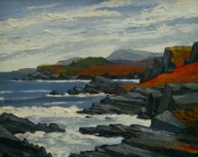 DAVID BARNES oil - Anglesey coastal scene, entitled 'Rocks Near Trearddur Bay', signed verso, 60 x