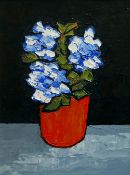 DAVID BARNES oil on board - still-life of blue and white flowers in a red vase, signed verso, 39 x