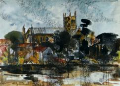 GWILYM PRICHARD mixed media - Hereford Cathedral, entitled verso with artist's then Herefordshire