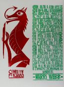 PAUL PETER PIECH two colour linoprint - stylized red dragon and typographed powerful Welsh poetry