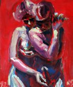 KEVIN SINNOTT oil on board - two standing nude figures in erotic embrace, entitled verso 'Rainy