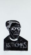 PAUL PETER PIECH monochrome typographic linocut - portrait of R S Thomas and dedicated 'to Jo',