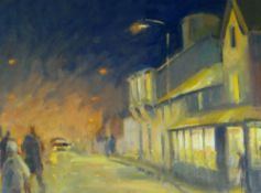 GARETH PARRY oil on panel - street scene at night with figures and cars, entitled verso 'Street at